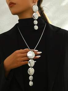 3PCS Exaggerated Fashionable Asymmetrical Metal Round Texture Earrings Long Necklace Women's Set Premium Simple Jewelry - Jewelry Set - View 6