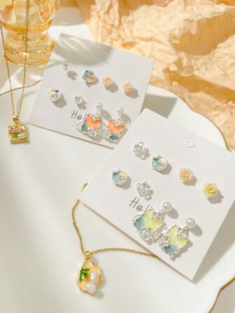 9pcs/Set Elegant French Monet Garden Women Jewelry Set, 3D Flower Earrings, Geometric Oil Painting Pendant Necklace, Tarnish-Resistant Titanium Steel, Everyday Accessories, Holiday Gift