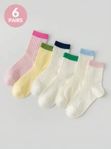 6 Pairs Of Colorful Women's Socks, Hollow Out Design, Simple Striped Women Crew Socks, Daily Casual Out Wear