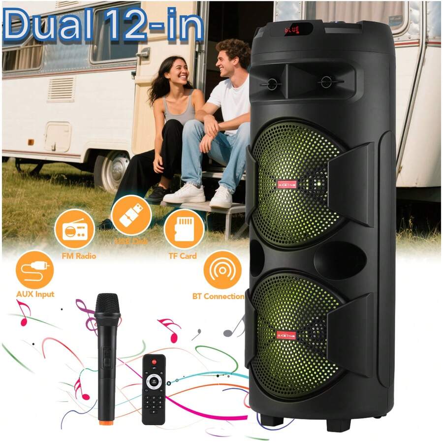 Dazone Bluetooth Speaker Wireless Portable Dual 8" Woofer / Dual 12-In Subwoofer Party PA Suond System Speaker Heavy Bass With Microphone, Remote Control, TWS, AUX, FM, LED - Black-Dual-12" Woofer - 查看 1