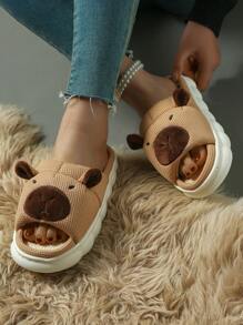 Cute Bear Shape EVA Linen Slippers, Thick Non-Slip Sole, Comfortable Indoor Slippers, Cartoon Bear Design Linen Slippers With Thick Non-Slip Sole, Breathable And Comfortable For Home Use