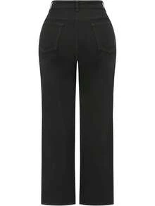 THUNDER Womens High Waisted Wide Leg Jeans Stretchy Distressed Pants - Black - View 2