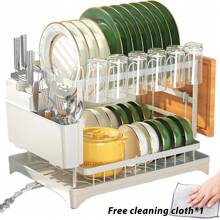 Multifunctional Dish Rack Organizer, Rustproof 2-Tier Dish Drying Rack With Drainer Board, Space Saving For Cutlery, Knives, Wooden Cutting Boards - Modern Kitchen Shelf | Durable Metal Construction Kitchen Organizer With Cleaning Cloth White Holiday Gift