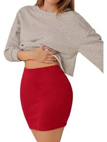 Women's Basic High Waisted Pencil Bodycon Short Skirt - 紅色 - 查看 1