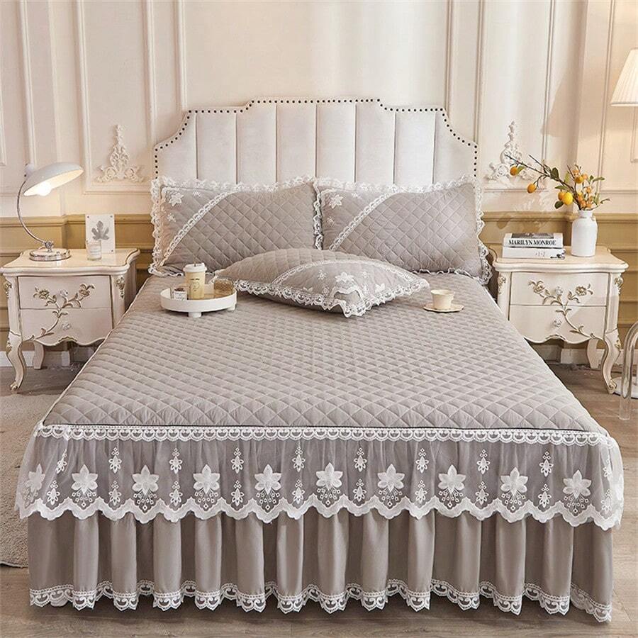 1 saia de cama acolchoada de renda (fronha não incluída) - Cinza - Ver 1