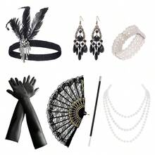 7 pièces Ensemble d'accessoires élégants et sexy pour femmes des années 1920, accessoires rétro haut de gamme pour soirée célibataire, bal masqué, serre-tête en plumes, collier de perles, bracelet, gants, accessoires de costume de fête - A - Voir 8