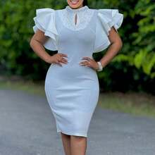 Women's Sexy Bodycon Dresses Ruffle Sleeve MockNeck Beaded Pear Pencil Midi Dresses - 紅色 - 查看 4