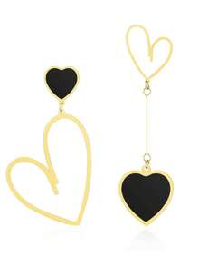 一对不对称金属心形吊坠耳环，生日、周年纪念、约会之夜礼物 - 黑色 - 查看 4