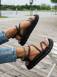 Sandalias de plataforma y cuña gruesa para mujer, chanclas de playa negras de verano, diapositivas con tiras trenzadas multifuncionales, suela gruesa con cierre deslizante