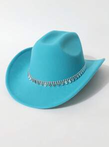1 Peça Chapéu de Feltro Unissex, Chapéu de Feltro de Lã de Cor Sólida e Plano na Parte Superior com Decoração de Cinto em Formato de Diamante, Chapéu de Cowboy Ocidental Estiloso, Adequado para Noiva, Apresentação, Festa, Uso Externo, Todas as Estações