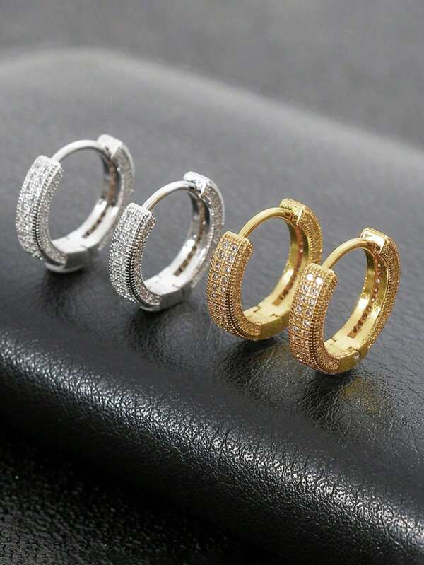 2pcs Simple Geometry Rhinestone Copper Hoops, Versatile Accessories Suitable For Party, Gathering, And Daily Outfit, Unisex