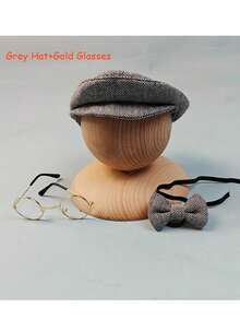 3pcs/Set Baby Boy Gentleman Outfit With Striped Beret Hat With Bow Tie & Glasses, Khaki Or Gray Stripes Flat Cap Prop, Newborn Photography Props Infant Photo Shoot Costume Accessories Baby Shower Gift Idea - Multicolor - View 7