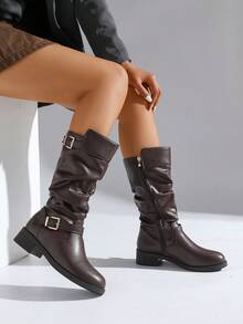 Women's Vintage British Style Brown Zipper Ankle Boots, Classic Comfort Fit, PU Leather Easy Maintenance, Insulated Lining, Versatile Foldover Calf Length Riding Boots, Ideal For Winter,Party