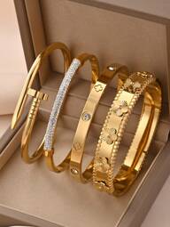 Luxe sieradenset van roestvrij staal in goudkleur (4 stuks/3 stuks/1 stuk), elegante Europese stijl, geschikt voor vrouwen, feestdagen, feesten, straatmode, banketten, muziekfestivals, cadeaus en zomerse strandfeesten.