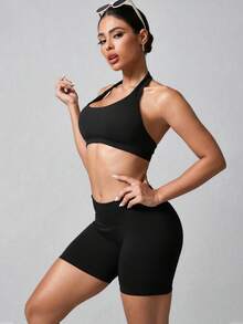 NcmRyu Conjunto de Sutiã Esportivo e Shorts Elástico Sem Costura Sexy Decotado nas Costas para Mulheres - Preto - Visão 9