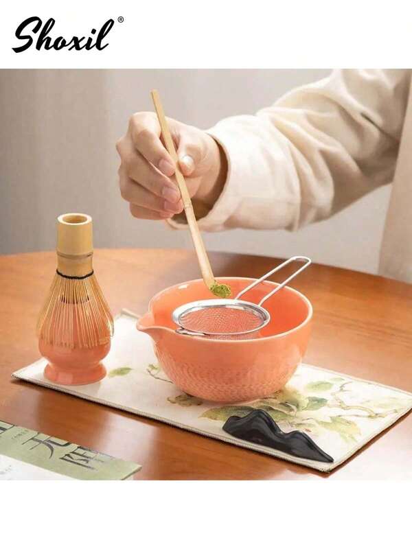 shoxil 1 Set Of Pink Matcha Tool Tea Set, Made Of Ceramic, Suitable For Festival Gifting.