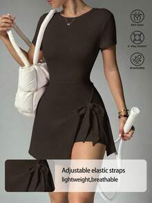 Women's Fashionable Outdoor Yoga Running Pilates Commuting Dating Beach Daily Essential Elastic Sexy Comfortable Casual Short-Sleeved Backless Tummy Control Butt-Lifting Slimming Skin-Toning Waist-Defining Youthful Vibrant Workout Dress - 棕色 - 查看 4