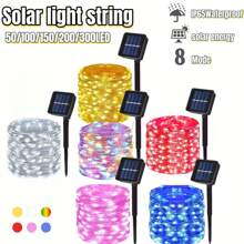 1 pieza Guirnalda de Luces Solares para Exteriores - 300/200/150/100/50 LED, Luces de Hadas Solares de Alambre de Cobre, IP65 Impermeable, 8 Modos de Iluminación, Adecuado para Jardín, Terraza, Boda, Acampada, Fiesta, Patio, Decoración de Árbol de Navidad, Navidad, Halloween, Luces de Decoración para el Día de San Valentín (Blanco Cálido/Blanco/Color/Azul/Rosa/Rojo)