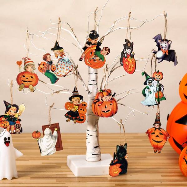 24Pcs Vintage Halloween Ornaments For Tree Decorations Black Cat Pumpkin Wood Cutout Bat Hanging Pendants Retro Halloween Decor For Small Tree Holiday Party Home