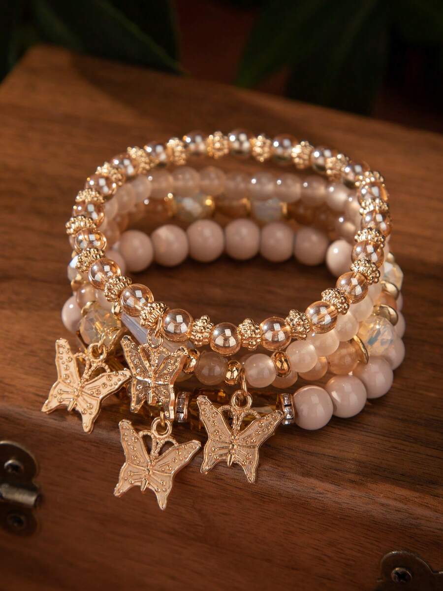 4pcs/Set Bohemian Style Multilayered Gem Butterfly Pendant Asymmetrical Beaded Bracelet Set Suitable For Daily Wear - Time Gem Butterfly Bracelet - View 1