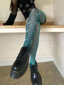 Women's Y2k Printed Tights Lace Mesh Transparent Fishnet Floral Stockings Pantyhose Leggings - Màu xanh lam - Xem 1
