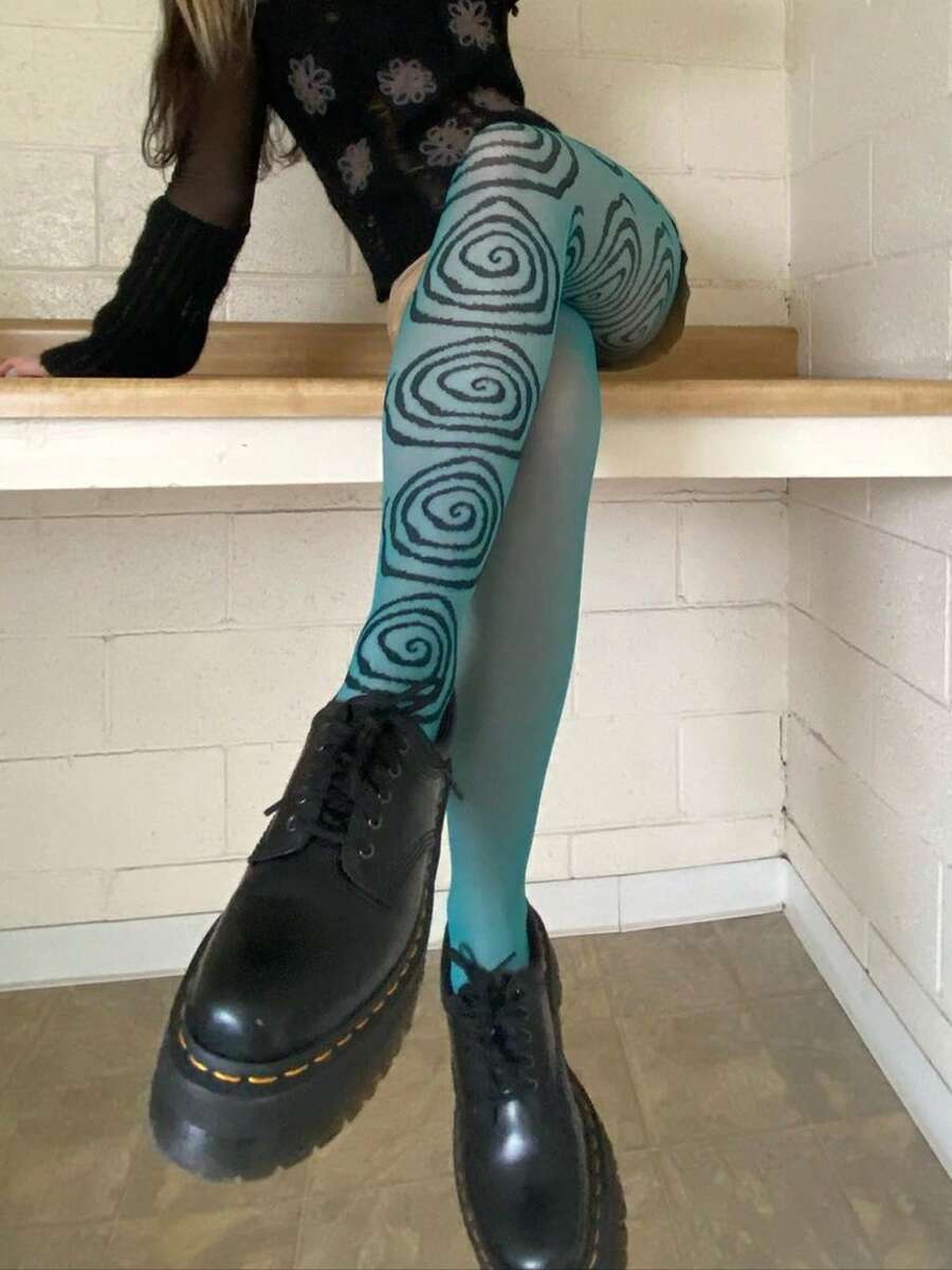 Women's Y2k Printed Tights Lace Mesh Transparent Fishnet Floral Stockings Pantyhose Leggings - Màu xanh lam - Xem 1