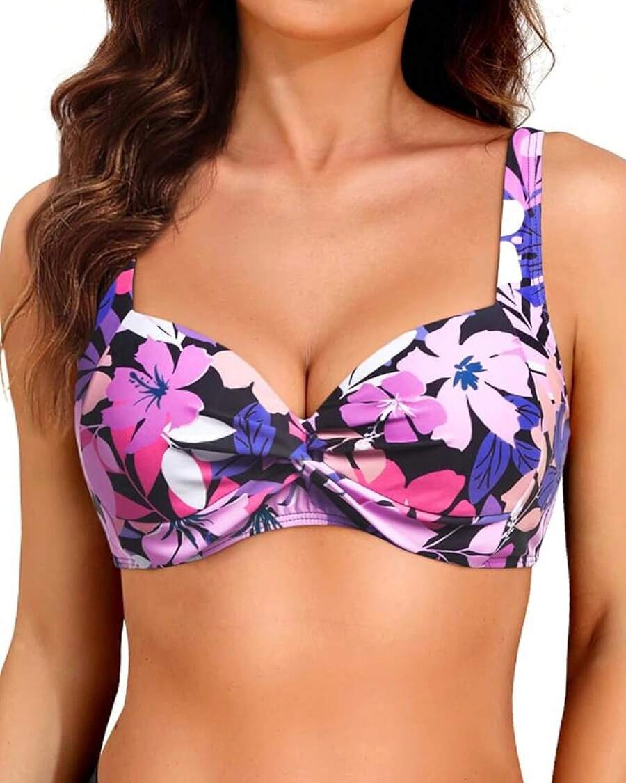 Top de bikini con aros y push-up para mujer - Traje de baño con relleno - Floral rosa - Ver 1