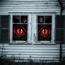 2pcs Halloween Window Banner 47.2x31.5 Inch Polyester, Horror Grunge Window With Glowing Red Eyes Design, Halloween Scary Theme Window Screen Decor For Indoor Outdoor Party