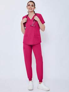 2-Piece Women's Solid Color Matte  Health Work Suit - Elastic And Breathable  Uniform With V-Neck Short-Sleeved Top And Drawstring Pants, Functional Pockets - Machine Washable, Durable, Suitable For Health Professionals - 玫紅色 - 查看 4