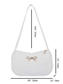 Solid Color Luxury Lightweight Bow Decor Zipper Shoulder Bag, White Bag - White - View 7