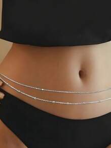 1 pieza Cadena de cintura con doble capa de cuentas de moda, cadena de metal para el Body, cadena de vientre, accesorios de cintura