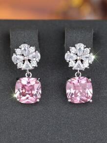 1 Pair Elegant Square Cut Pink Synthetic Zirconia & Floral White Synthetic Zirconia Silver White Plated Stud Earrings For Women, Luxury For Weddings, Parties, Festivals And Everyday Wear, All Season