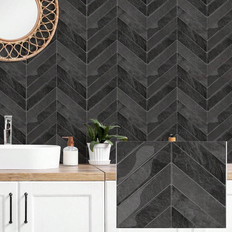 3D Fischgrätmuster Wandaufkleber, Küchen Aufkleber, selbstklebend, teilbar, kratzfest, wasserfest, leicht zu reinigen, geeignet für Spritzschutz/Wandrenovierung/Badezimmerwand Dekorationen und Esszimmer Dekorationen, Ihr guter Helfer für die Küche - Dunkelgrau - Übersicht 1