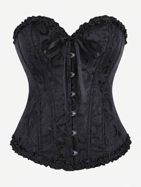 Corset clásico de busto alto, body ajustado sin tirantes con ballenas, top con cintura de volantes para mascarada, Halloween, jacquard negro