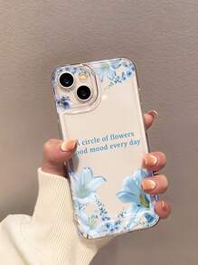 1pc Custom Text Mobile Phone Case, Fashionable Blue Lily Flower Pattern Soft Transparent TPU Full Coverage Anti-Slip Case For IPhone 16 Pro Max/15 Pro/14 Plus/13 Pro/12 Pro Max/11/XS Max/8/7 Phone Accessories