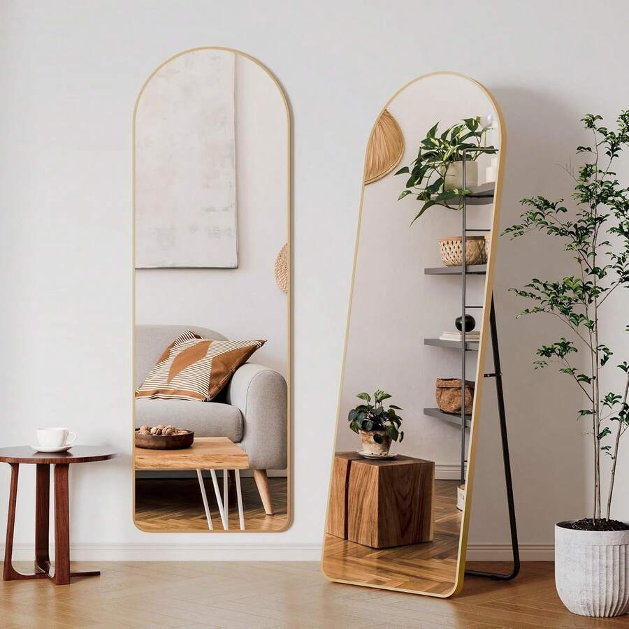 Curved Full Length Mirror With Aluminum Frame Metal Stand Standing Mirror HD Large Wall Mirror With Hook Full Length Mirror Wall Mirror For Living Room Bedroom Dressing Room Bathroom Hallway - Gold - View 1