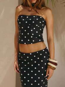 Cute And Sexy Women's Polka Dot Halter Neck Two Pieces Skirt Set High Stretch Bandeau Crop Top And Maxi Skirt For Party Clubwear And Casual Outings