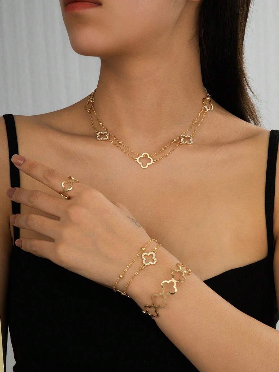 Set Perhiasan 5 Buah Elegan dengan Hiasan Berlian dan Motif Daun Semanggi, Cocok untuk Wanita, Cocok untuk Pemakaian Sehari-hari & Liburan. - Yellow Gold - View 1