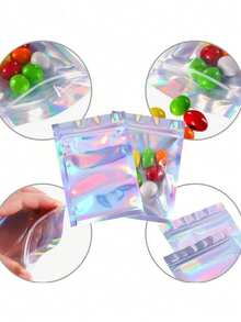 50 piezas Bolsas de regalo con diseño láser arcoíris en varios tamaños, bolsas con cremallera reutilizables con diseño autosellante láser-arcoíris, adecuadas para bolsas de caramelos para pequeños negocios y bolsas de muestra con ventana frontal, bolsas autosellantes, bolsas de caramelos para regalos de festivales, Navidad