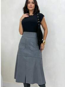 WOMEN'S SUEDE SKIRT WITH ZIPPER AND POCKET. STYLE AND ELEGANCE. - Grey - View 2