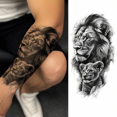1 Sheets Big Size Body Art Temporary Tattoo Stickers For Men , Black Realistic Animal Style Lion Dad And Lion Baby Pattern, Waterproof Fake Tattoo, Lasts 2-5 Days, Covering Scars, Can Be Used On Arms Wrist Shoulders Legs Waist Neck Hand Chest Thighs Fingers, Suitable For Body Dressing, Vacation, Gift, Party, Music Festival