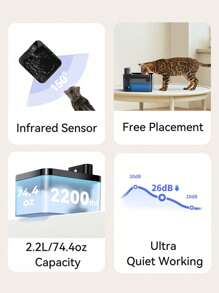 Fontaine pour chat sans fil, fontaine d'eau de 2,2 L pour chats, sans fil avec capteur de mouvement, fontaine à boire pour chats, pompe à eau silencieuse avec LED, fonctionnant sur batterie 2600 mAh, filtration de haute qualité