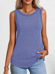 Women's Crew Neck Ribbed Top (Summer Edition) - Sapphire - View 4