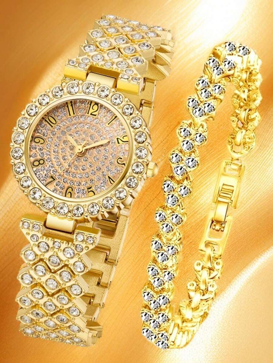 Set de 2 piezas de reloj con pulsera de mujer, con correa dorada, esfera con números árabes, sencillo y elegante, movimiento de cuarzo, adecuado para uso diario, decoración u obsequio para fiestas