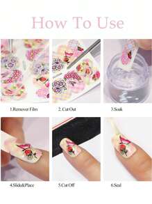12 designs/pièces Autocollants d'eau pour ongles avec motifs de filles de bandes dessinées. Nœuds, rose, abricot, gâteau, rouge à lèvres, cosmétiques, poupée, ours, lapin, cygne, chien, design romantique. Décalcomanies kawaii à transfert par l'eau pour décoration d'ongles