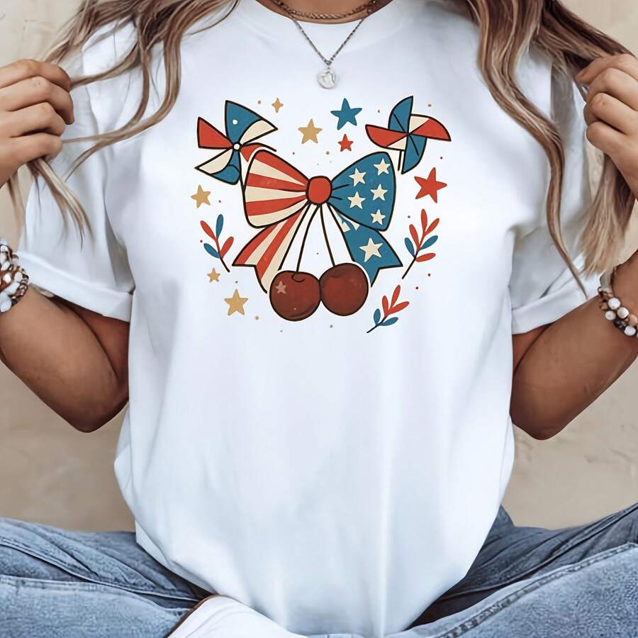 4th Of July -Shirt -Patriotic Red,White,And Blue Croquette Bow &Cherries-4th Of July Festivities!_ Suitable For Summer Wear, Printed Pattern Short Sleeves, Ladies' Tops, And Printed Short Sleeves. - White 1 - View 1