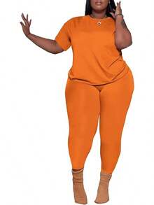 Women's Plus Size 2 Piece Outfits Tracksuits Short Sve Top Pants Sets Sweatsuits - 橘色 - 查看 1