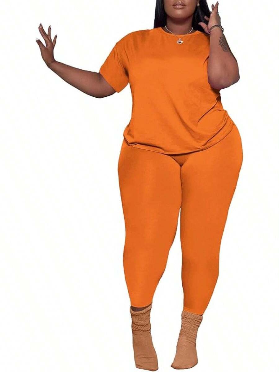 Women's Plus Size 2 Piece Outfits Tracksuits Short Sve Top Pants Sets Sweatsuits - 橘色 - 查看 1