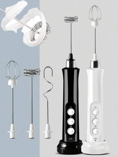 Frullatore elettrico a 3 in 1 con 3 fruste, ricaricabile USB, 3 velocità regolabili per produrre schiuma per caffè, latte, cappuccino, torte, uova, cioccolata calda | Mixer da viaggio portatile, monta la panna, le uova, e miscela gli ingredienti, in plastica, alimentato a batteria al litio 800mAh