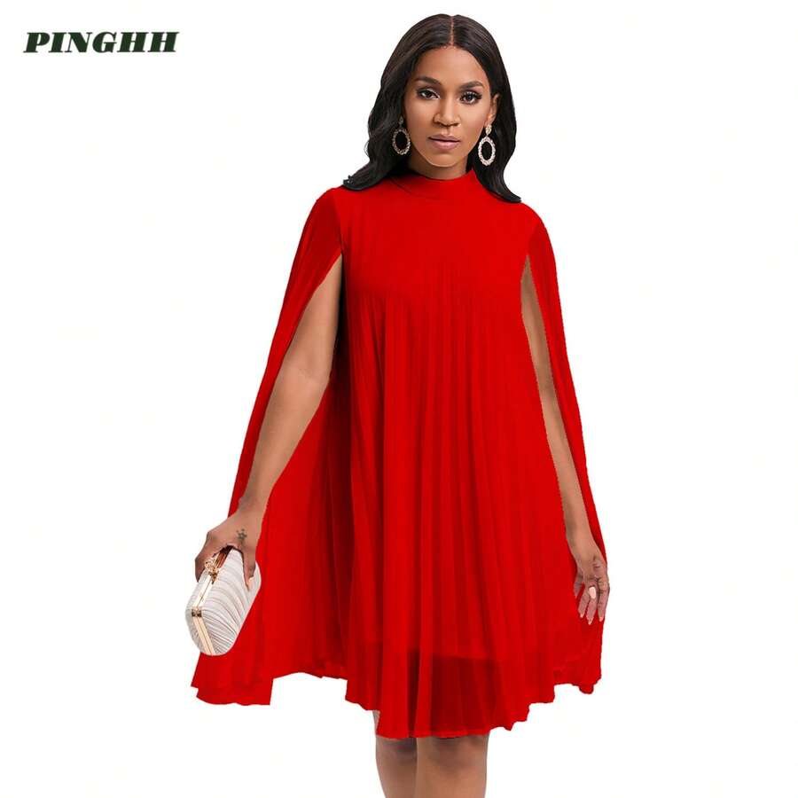 Women's Stand Collar Pleated Cape Sleeve Dress LooseKnee Length Club Dress Summer Solid Color Dress - 紅色 - 查看 1